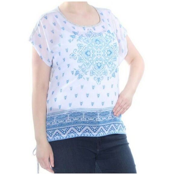 Vince Camuto Mixed Media Sheer Side Tie Blouse Size L - Picture 6 of 6